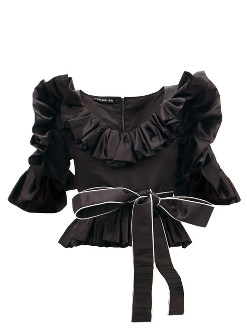 Germanier - Ruffled Upcycled-satin Belted Blouse Black