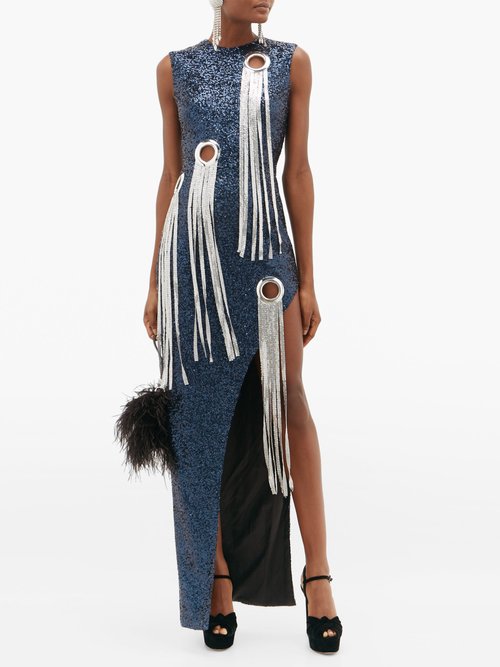 Germanier Chainmail-tassel Sequinned Maxi Dress Navy - 70% Off Sale