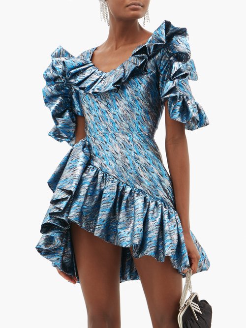 Germanier Ruffled Upcycled Brocade Mini Dress Blue Silver - 60% Off Sale