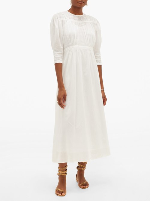 Mimi Prober Georgia Lace-trimmed Gathered Organic-cotton Dress White