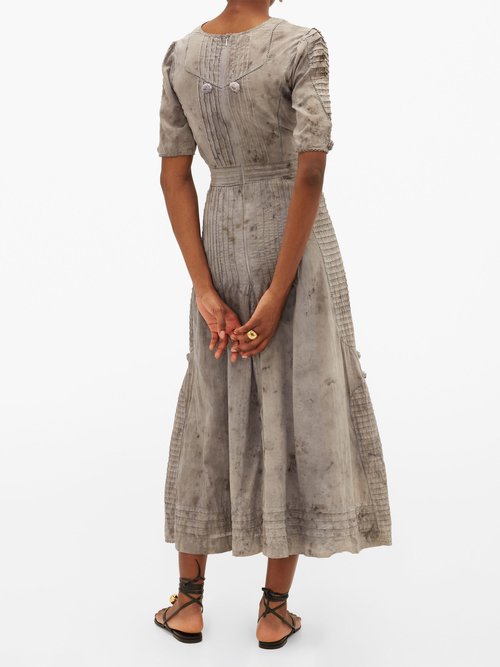 Mimi Prober Ada Pintucked Organic-cotton Midi Dress Grey Multi