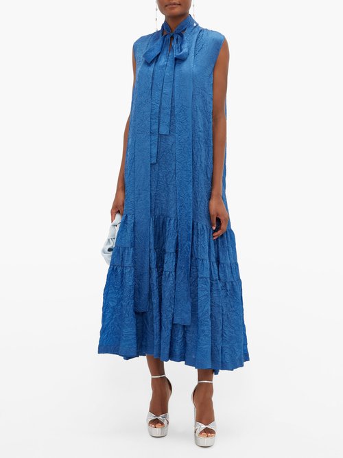 Rochas Pussy-bow Crinkled Satin Dress Blue - 30% Off Sale