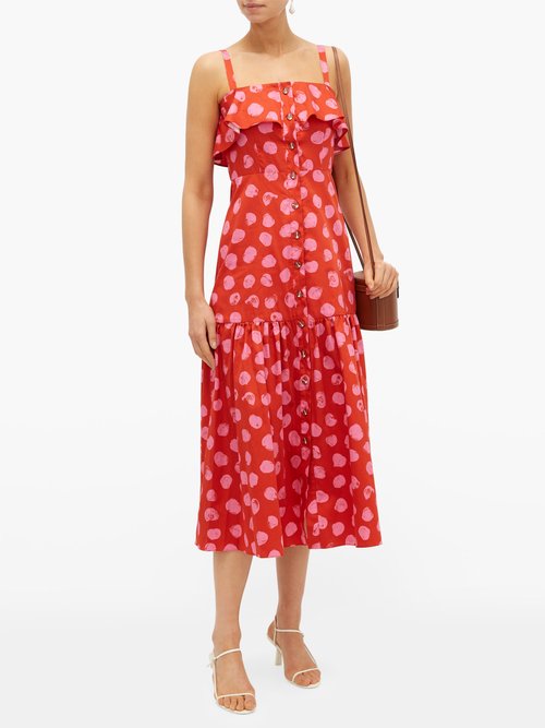 Borgo De Nor Florence Ruffled Polka-dot Cotton Midi Dress Red Multi - 60% Off Sale