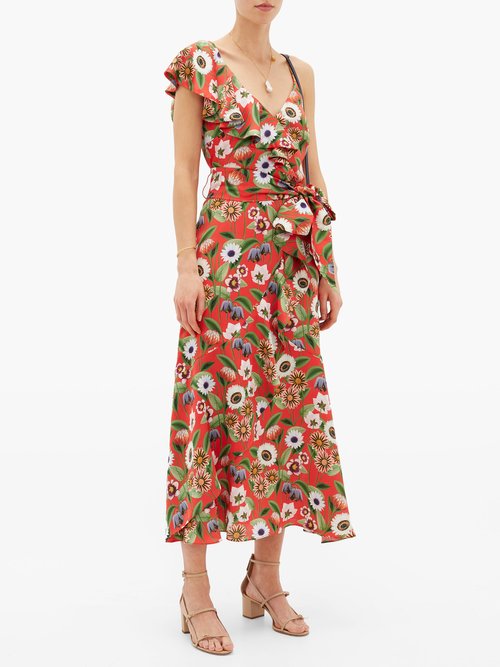 Borgo De Nor Isadora Asymmetric Floral-print Satin Midi Dress Red Multi - 60% Off Sale