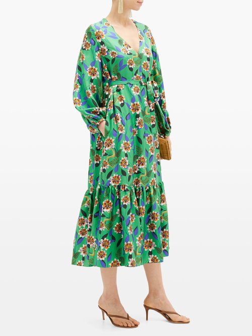 Borgo De Nor Marita Floral-print Silk-twill Midi Dress Green Multi – 50% Off Sale