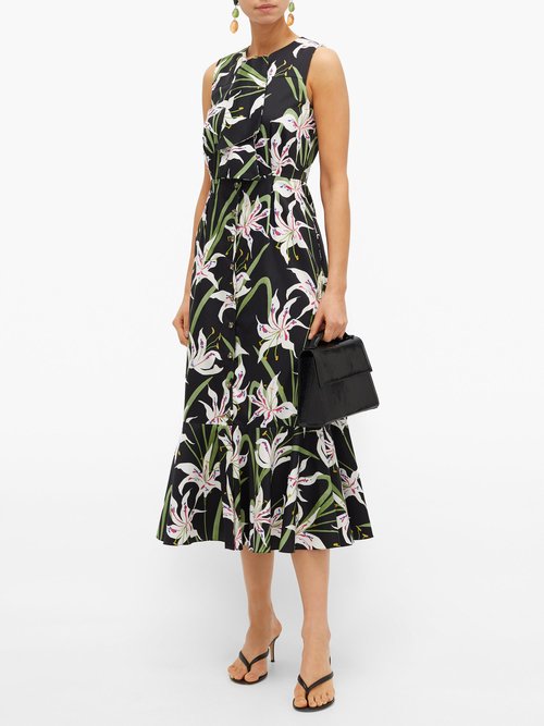 Borgo De Nor Meta Lily-print Tie-neck Cotton-poplin Dress Black Multi - 50% Off Sale
