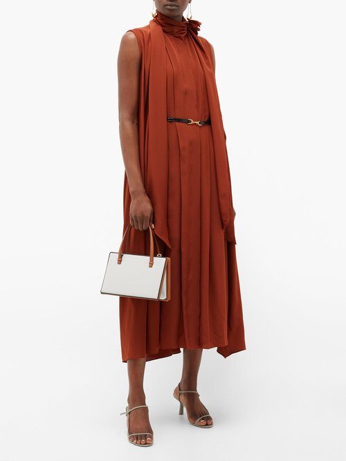 Buy Victoria Beckham Pussy-bow Pleated Silk-crepe Midi Dress Brown online - shop best Victoria Beckham clothing sales