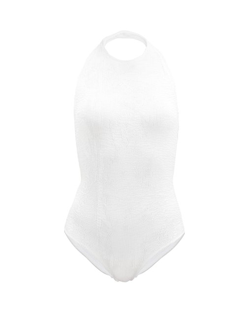 Bottega Veneta - Halterneck Crinkle-ribbed Swimsuit White Beachwear