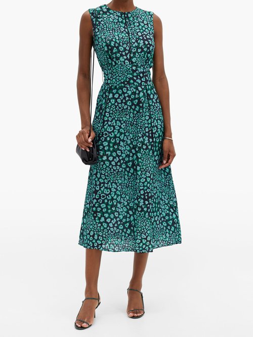 Cefinn Rosie Leopard Pansy-print Crepe Dress Green Multi