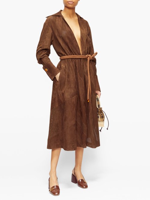Fendi Belted Perforated-suede Dress Brown
