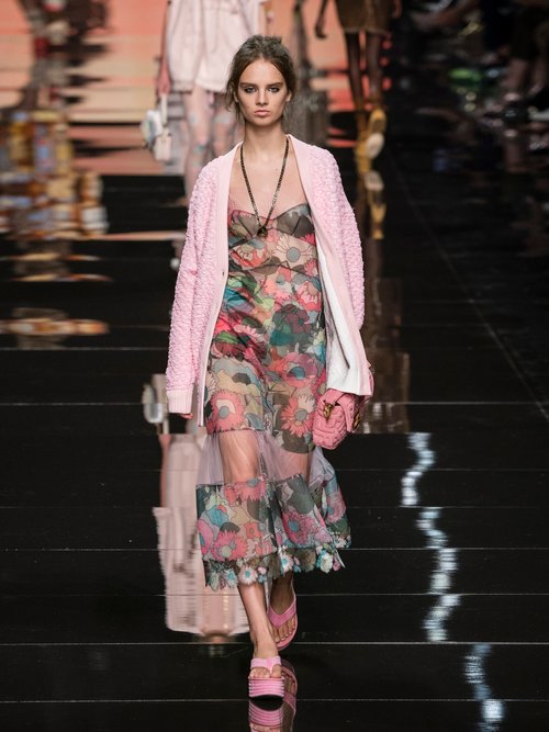 Buy Fendi Tulle-panel Windflower-print Twill Dress Pink Print online - shop best Fendi clothing sales