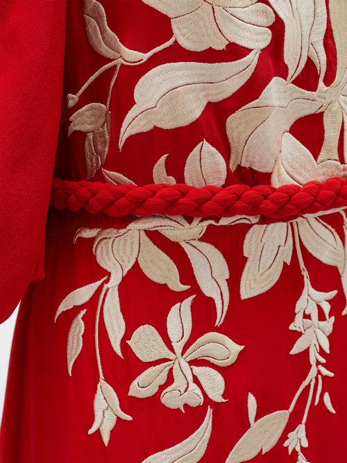 Johanna Ortiz Floral Themes Embroidered Crepe De Chine Dress Red - 60% Off Sale