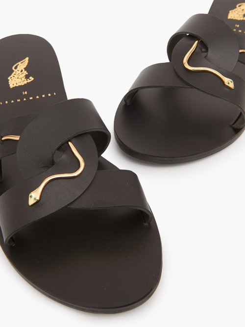 Ancient Greek Sandals X Ileana Makri Snake-appliqué Leather Slides Black Gold