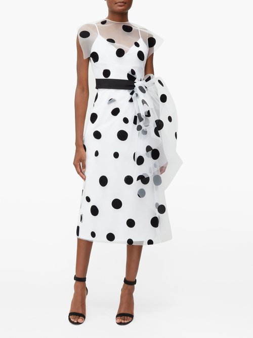 Buy Carolina Herrera Bow-trim Flocked Polka-dot Tulle Dress White Black online - shop best Carolina Herrera clothing sales