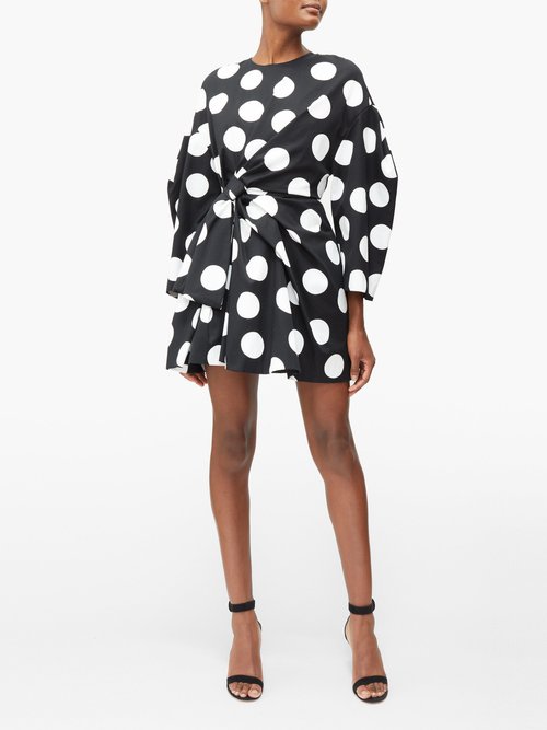 Carolina Herrera Knotted Polka-dot Cotton-twill Mini Dress Black White - 50% Off Sale