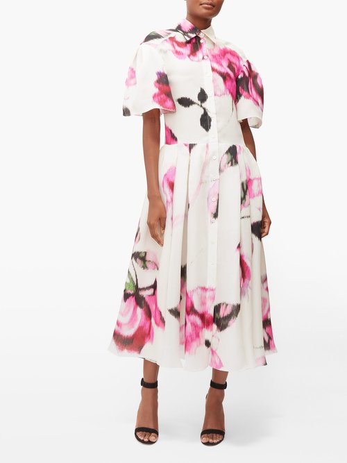 Buy Carolina Herrera Rose-print Silk-gazar Midi Shirt Dress Pink White online - shop best Carolina Herrera clothing sales