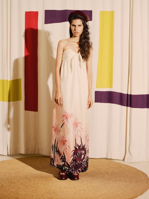 Françoise Strapless Palm Tree-print Silk Midi Dress White Print - 60% Off Sale