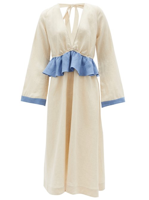 Eva Contrast-ruffle Organic-linen Midi Dress