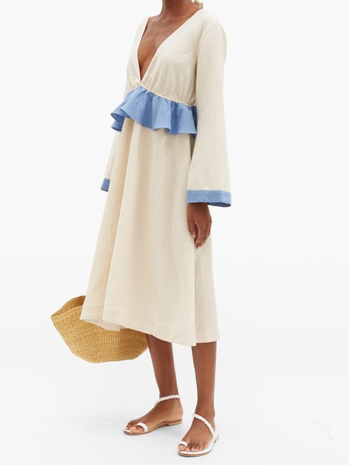 Casa Raki Eva Contrast-ruffle Organic-linen Midi Dress Beige Multi