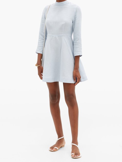 Buy Casa Raki Marcela High-neck Organic-linen Mini Dress Light Blue online - shop best Casa Raki clothing sales