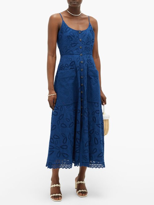 Saloni Fara Cotton Broderie Anglaise Midi Dress Dark Blue – 50% Off Sale