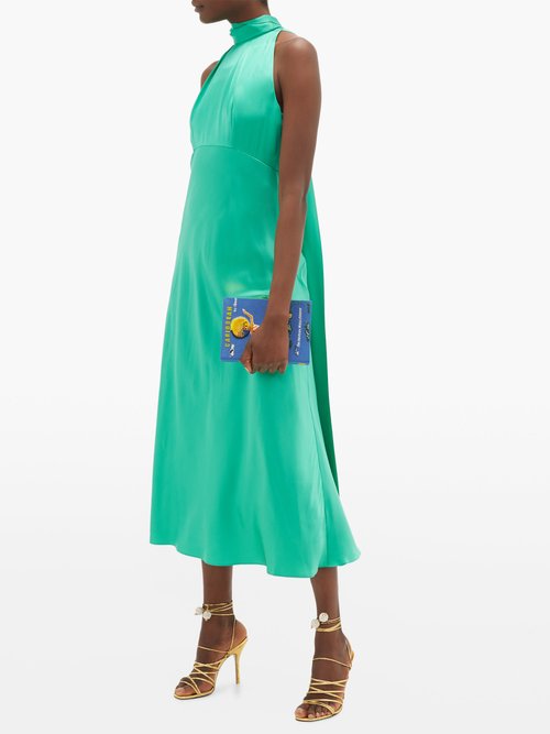 Buy Saloni Michelle High-neck Silk-satin Midi Dress Mid Green online - shop best Saloni clothing sales