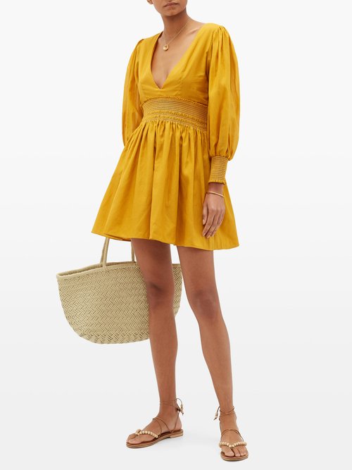 Escvdo Misa V-neck Cotton Mini Dress Dark Yellow