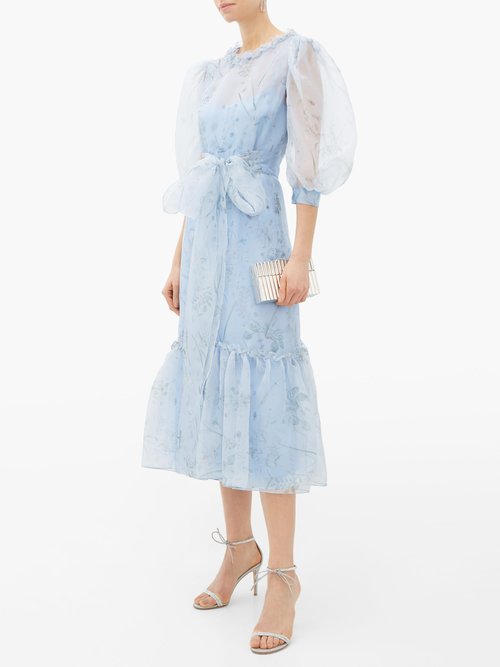 Luisa Beccaria Balloon-sleeve Floral-print Silk Midi Dress Blue Multi - 60% Off Sale