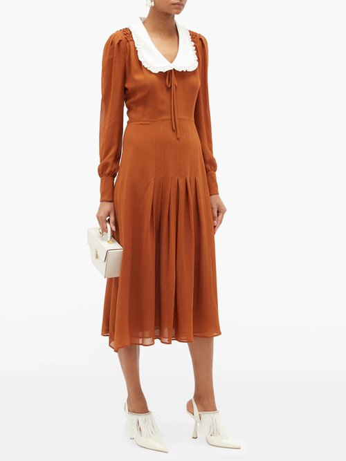Alessandra Rich Contrast-collar Silk-georgette Dress Brown White - 50% Off Sale