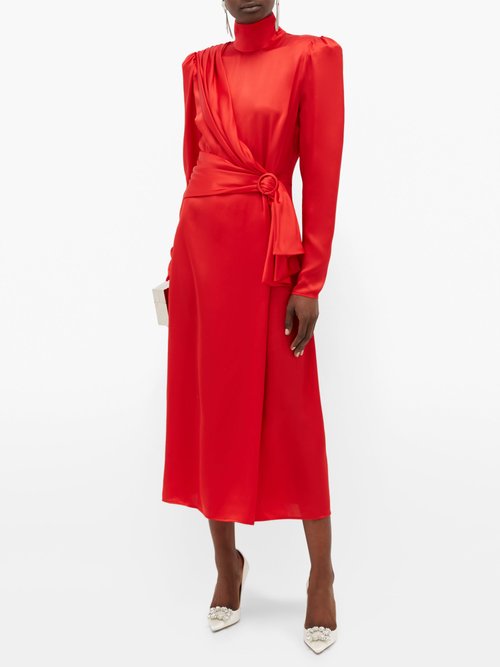 Alessandra Rich Gathered Silk-satin Dress Red - 50% Off Sale