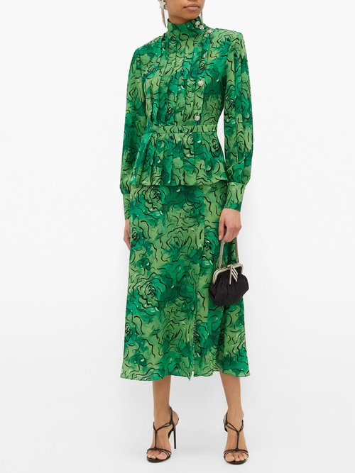 Alessandra Rich Crystal-button Rose-print Pleated Silk Dress Green Print - 50% Off Sale