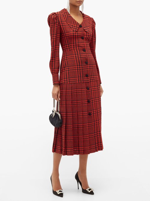 Alessandra Rich Pleated Houndstooth Silk-crepe Midi Dress Black Red - 50% Off Sale