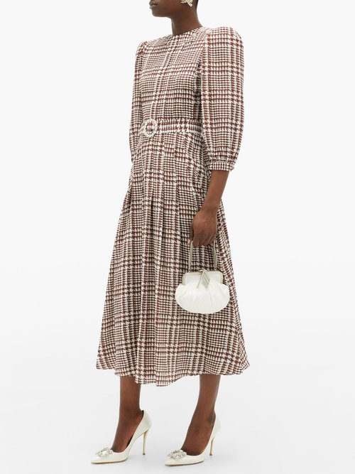 Alessandra Rich Crystal-belt Pleated Houndstooth Silk Midi Dress Brown White - 40% Off Sale