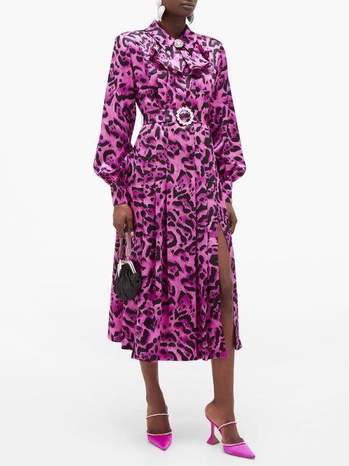 Alessandra Rich Crystal-buckle Leopard-print Silk Midi Dress Pink Print - 60% Off Sale