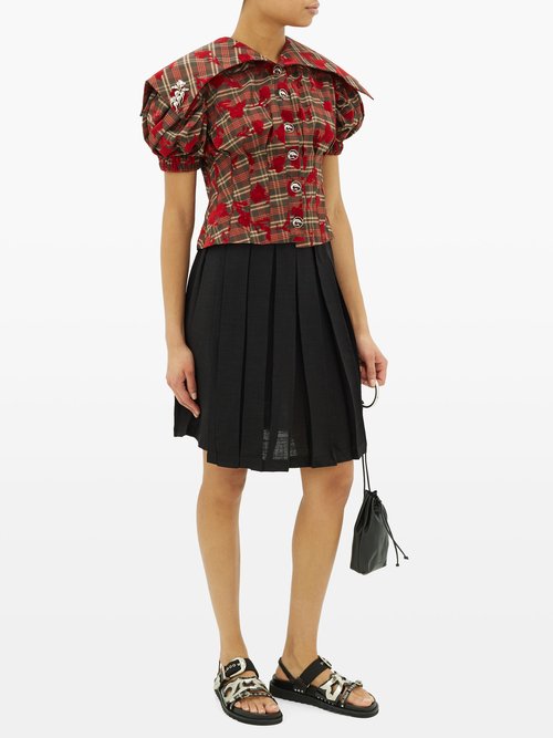 Chopova Lowena Checked Floral-flocked Puff-sleeve Top Black Red - 60% Off Sale