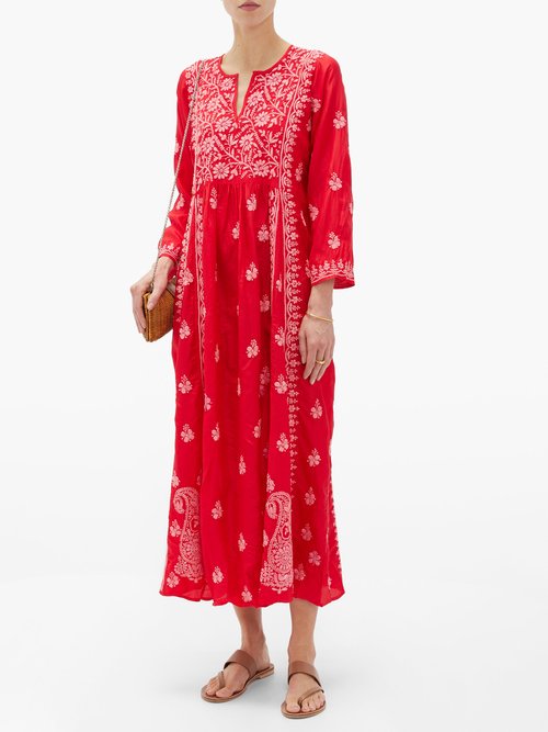Muzungu Sisters Floral-embroidered Silk Dress Red Multi