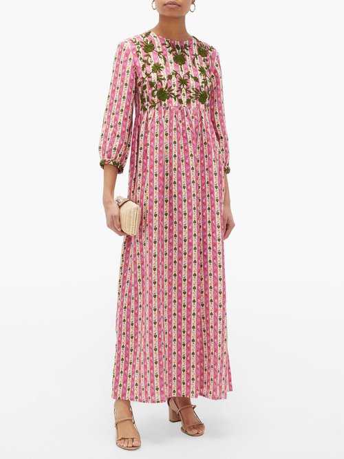 Muzungu Sisters Floral-embroidered Linen Dress Pink Print
