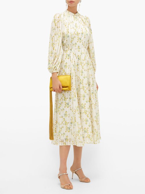 Beulah Sonia Floral-print Satin-stripe Chiffon Dress Yellow White - 50% Off Sale