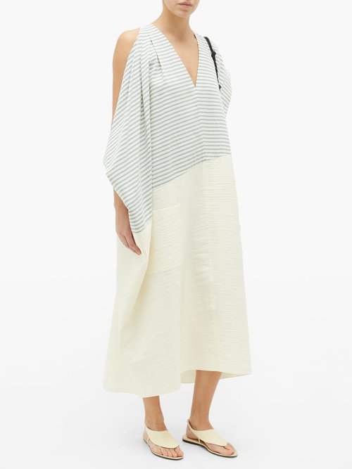 Vika Gazinskaya Asymmetric Striped Cotton-blend Midi Dress Blue White - 70% Off Sale