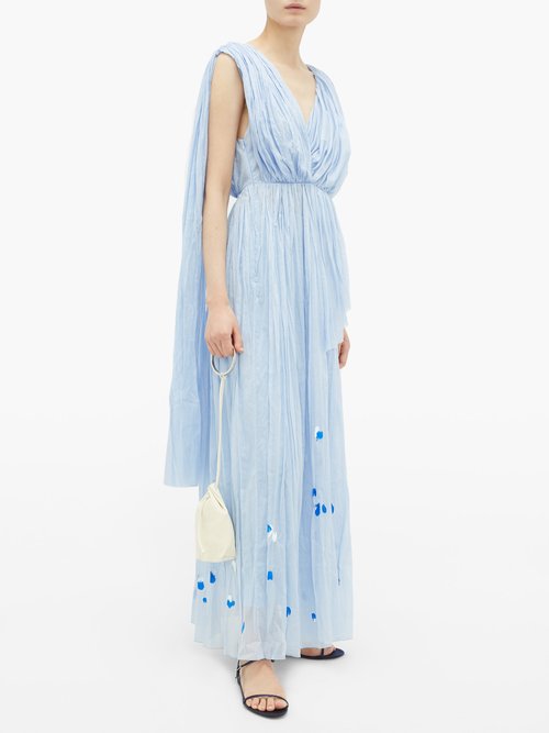 Vika Gazinskaya Painted Gathered Cotton-voile Maxi Dress Blue Print - 70% Off Sale