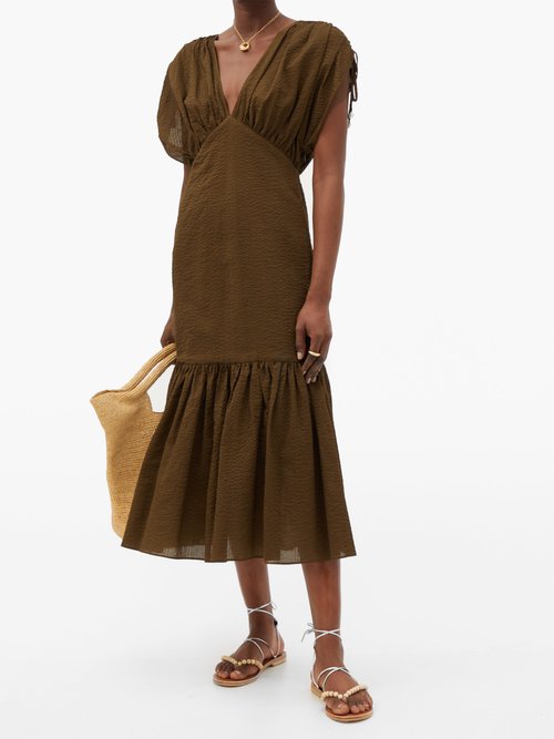 Marysia Monterey Ruched Seersucker-cotton Dress Dark Brown