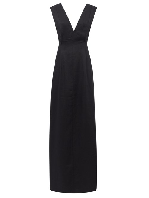 Albus Lumen - Pinched-waist Linen Maxi Dress Black Beachwear