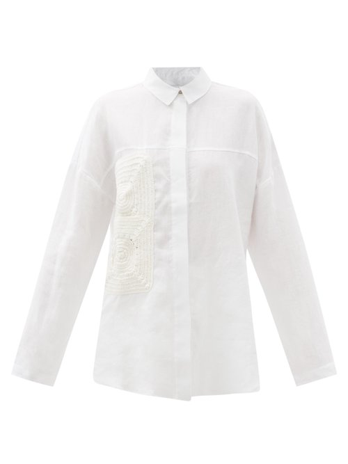 Albus Lumen - Crochet-patch Linen Shirt White