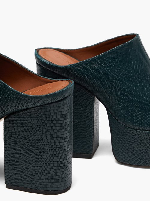 Osman Brigitte Lizard-effect Leather Platform Mules Dark Green - 40% Off Sale