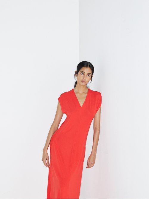 Buy Raey V-neck Cap-sleeve Crepe-jersey Dress Red online - shop best Raey clothing sales