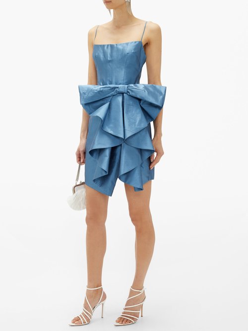 Rasario Waterfall-bow Silk Mini Dress Blue - 60% Off Sale