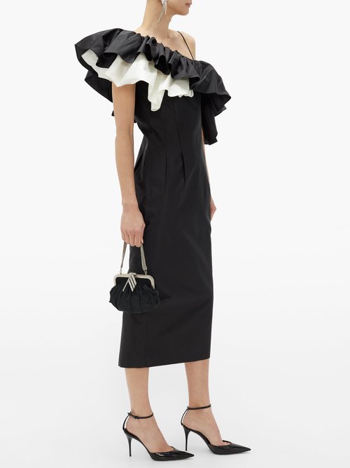 Rasario One-shoulder Ruffle-trim Silk Midi Dress Black White - 70% Off Sale