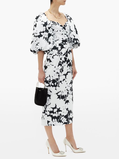 Rasario Balloon-sleeve Floral-print Satin Midi Dress Black White - 70% Off Sale