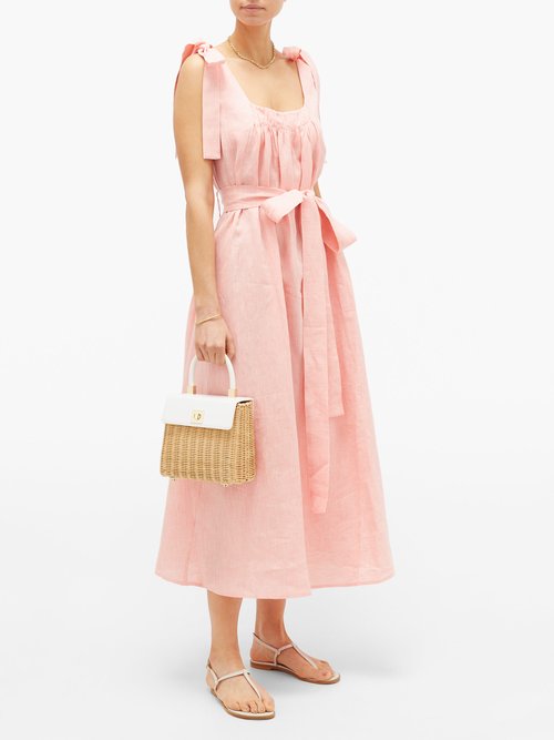 Gül Hürgel Bow-shoulder Linen-jacquard Midi Dress Pink