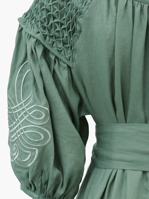 Innika Choo Justine Taiym Smocked Linen Mini Dress Green